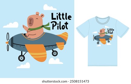 Cute capybara on a plane illustration with tshirt design premium vector the Concept of Isolated Technology. Flat Cartoon Style Suitable for Landing Web Pages,T shirt, Flyers, Stickers