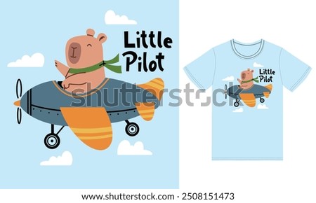 Cute capybara on a plane illustration with tshirt design premium vector the Concept of Isolated Technology. Flat Cartoon Style Suitable for Landing Web Pages,T shirt, Flyers, Stickers