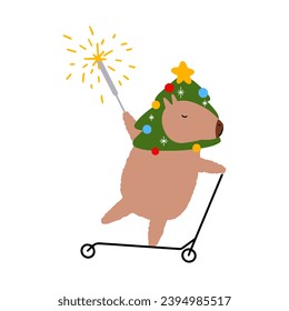 Cute capybara on a scooter with Christmas tree in flat style. Capybara vector illustration for Merry Christmas and New Year greeting card