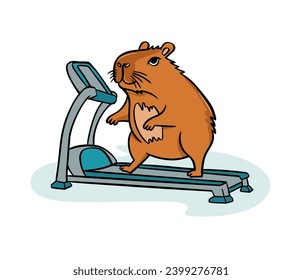 A cute capybara on a treadmill. Vector illustration flat style