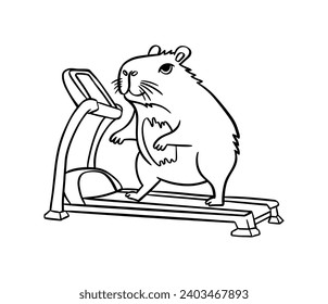 A cute capybara on a treadmill. Vector hand drawn. For coloring books, postcards, templates.