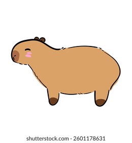 Cute capybara on white background. Colorful flat vector illustration with outline, isolated. Hand drawn illustration animal