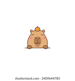 Cute capybara with orange on head cartoon, vector illustration