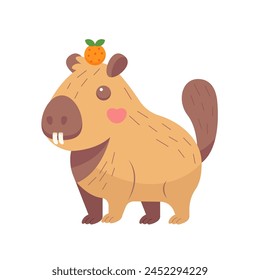 Cute Capybara  with orange on head. Fanny Amusing kawaii baby water pig character. Flat vector illustration.	