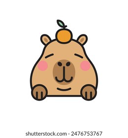 Cute capybara with orange on head cartoon isolated on white background, Vector illustration.