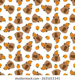 Cute capybara and orange pattern, white isolated