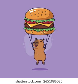 Capybara bonito paraquedas com uma ilustração Vetor Burger gigante.	
