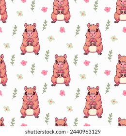 Cute capybara pattern, animal, holding a juicy strawberry in a plate, cute, vector illustration	