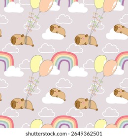 Cute capybara pattern with balloons and rainbows