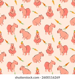 Cute Capybara pattern with carrot and orange fruit design. Seamless background funny and pretty capybara. Cartoon style hand drawn pastel color vector illustration for your design 