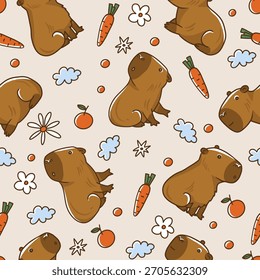 Nettes Capybara-Muster mit Karotten und Blumen in verspieltem, nahtlosem Vektordesign.