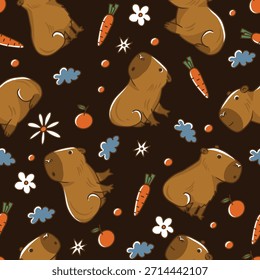 Lindo patrón de capibara con zanahorias y flores en Vector juguetón diseño sin costuras.