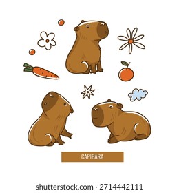 Lindo patrón de capibara con zanahorias y flores en Vector juguetón 
