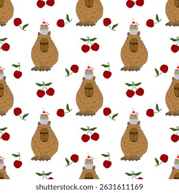 Padrão de urso bonito com cerejas e cupcakes.