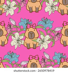 Cute capybara pattern with flowers, bright pink background