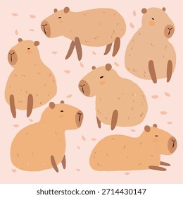 Cute Capybara Pattern Illustration, Adorable Cartoon Animals in Various Poses with Soft Pastel Colors
