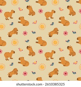 Cute Capybara Pattern with Sun and Flowers. Design for fabric, textiles, wallpaper, packaging