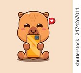Cute capybara with phone cartoon vector illustration. Vector cartoon Illustration suitable for poster, brochure, web, mascot, sticker, logo and icon.