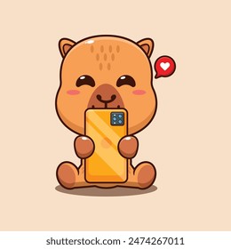 Cute capybara with phone cartoon vector illustration. Vector cartoon Illustration suitable for poster, brochure, web, mascot, sticker, logo and icon.