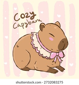 Eine niedliche Capybara mit rosafarbener Schleife und einem Rüschen Kragen, verströmendem Charme und Komfort handgezeichnete Doodles Kartendesign