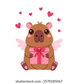 A cute capybara with a pink bow on its neck is holding a pink box for Valentine's Day. The animal is surrounded by hearts, which suggests that it is giving a gift to someone special.