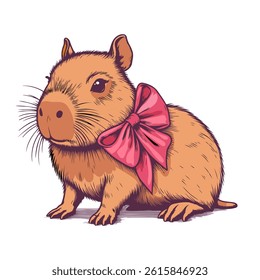 Capibara lindo con el arco rosado, Ilustración vectorial, aislado en el fondo blanco, estilo de dibujos animados adorable y simple.