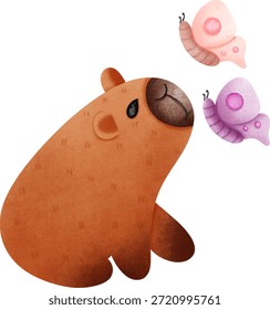Capibara lindo jugando con la ilustración del Clipart del Vector de la mariposa