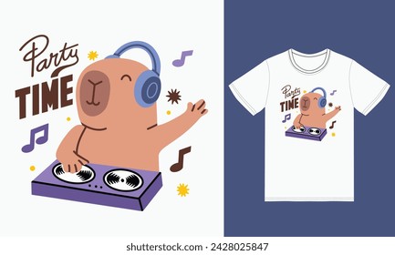 Cute capybara playing dj music with tshirt design premium vector the Concept of Isolated Technology. Flat Cartoon Style Suitable for Landing Web Pages,T shirt, Flyers, Stickers