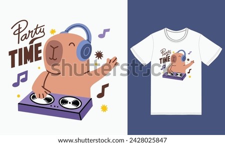 Cute capybara playing dj music with tshirt design premium vector the Concept of Isolated Technology. Flat Cartoon Style Suitable for Landing Web Pages,T shirt, Flyers, Stickers