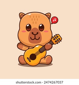 Cute capybara playing guitar cartoon vector illustration. Vector cartoon Illustration suitable for poster, brochure, web, mascot, sticker, logo and icon.