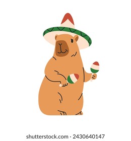 Cute capybara playing maracas. Funny Mexican capibara animal with music instrument. Happy capy in Mexico hat, holding rhythm rattles, shakers. Flat vector illustration isolated on white background