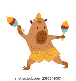 Cute capybara playing maracas. Funny Mexican capibara animal with music instrument. Happy capy in Mexico hat. Hand drawn vector illustration.