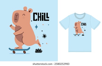 Cute capybara playing skateboard illustration with tshirt design premium vector the Concept of Isolated Technology. Flat Cartoon Style Suitable for Landing Web Pages,T shirt, Flyers, Stickers