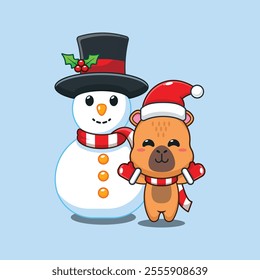 Cute capybara playing with Snowman. Cartoon vector illustration in Christmas day.