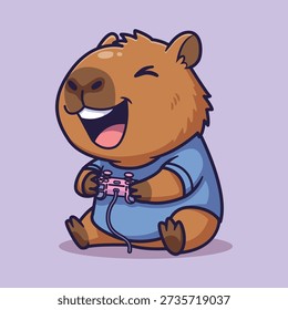 Cute Capybara Playing Video Game with Pink Controller Vector Illustration