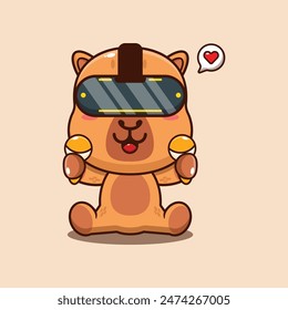 Cute capybara playing virtual reality cartoon vector illustration. Vector cartoon Illustration suitable for poster, brochure, web, mascot, sticker, logo and icon.