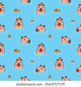 Cute capybara in pond seamless pattern. Calm capybaras chilling and relaxing in water with oranges. Funny cartoon characters take bath with only heads visible