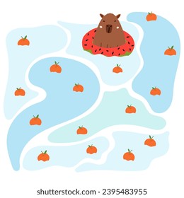 Chigüiro bonito en la piscina de estilo plano. Ilustración vectorial de un capibara para una postal, ropa para niños