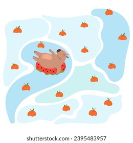 Chigüiro bonito en la piscina de estilo plano. Ilustración vectorial de un capibara para una postal, ropa para niños