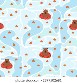 Cute capybara in the pool seamless pattern. Vector illustration of a capybara for a postcard, children's clothing