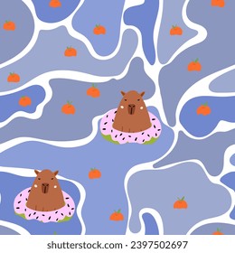 Cute capybara in the pool seamless pattern. Vector illustration of a capybara for a postcard, children's clothing