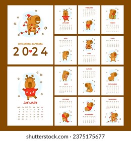 Cute capybara printable calendar 2024. Vector illustration. Vertical planner organizer. Cover and 12 month pages English. Week from Monday. Cartoon capibara character mascot.