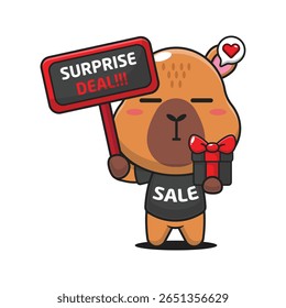 cute capybara with promotion sign and gift box in black friday sale cartoon vector illustration	