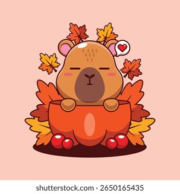Cute capybara in a pumpkin in autumn cartoon vector illustration