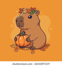 Cute capybara with pumpkin and autumn leaves. Vector illustration.	
