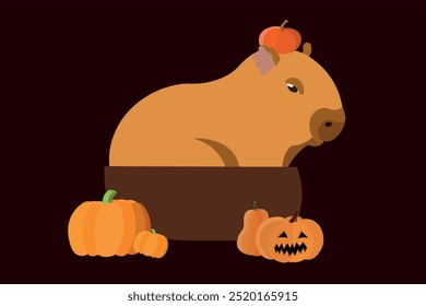 Cute capybara with pumpkin on head in basin, in circle pumpkin and carved light fixture flat icon. Vector illustration isolated on brown background.