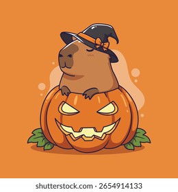 süße Capybara in einem Kürbis Hexe Hut Halloween Illustration