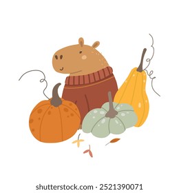 Lindo capibara y calabazas. Ilustración vectorial de otoño para la etiqueta engomada, caja del teléfono, cartel, camiseta, taza y otro diseño.