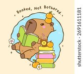 Cute Capybara Readign Book TBR Vibe sit on Bean Bag with Stack books, Animal Bookish Cartoon Hand Drawn Illustration