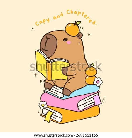 Cute Capybara Readign Book TBR Vibe sit on Stack books, Animal Bookish Cartoon Hand Drawn Illustration